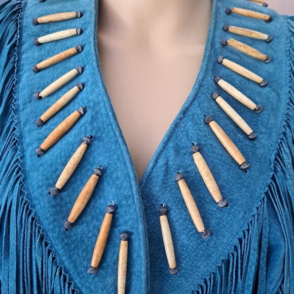Cowgirl Core Tony Lama Teal Suede Western Jacket Beads Fringe VTG RARE - Picture 3 of 12